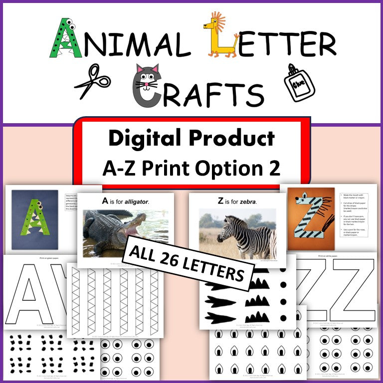 A-Z Alphabet Animal Letter Crafts Printable - Print on Color - Cut and Paste Phonics Activity