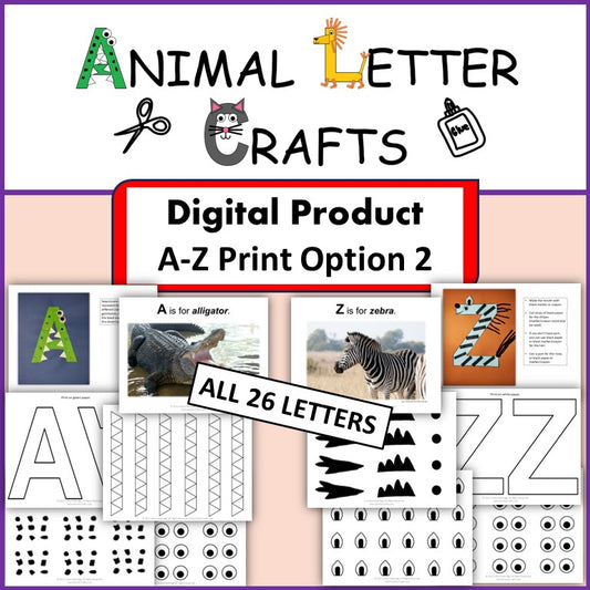 A-Z Alphabet Animal Letter Crafts Printable - Print on Color - Cut and Paste Phonics Activity
